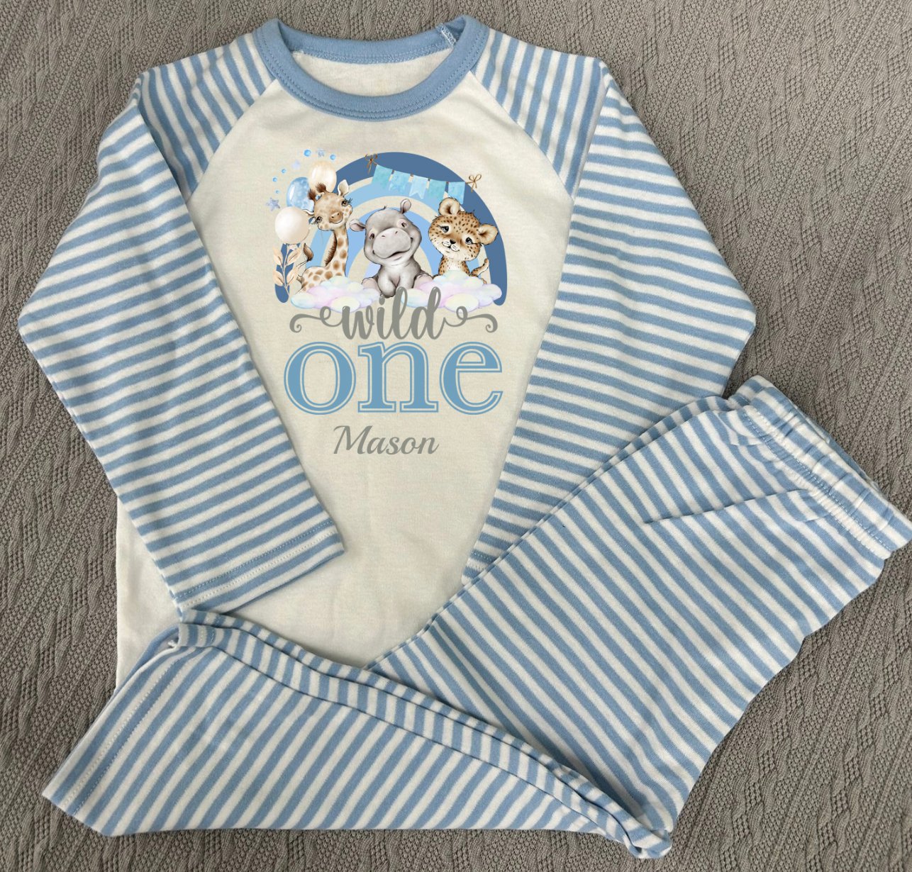 Rainbow When I Wake Up Personalised blue stripe Birthday Pyjamas Pjs