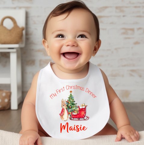 Red Rabbit & Sleigh My First Christmas Personalised Pull on Bib