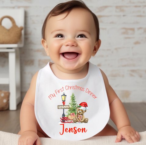 Teddybear Red My First Christmas Personalised Pull on Bib