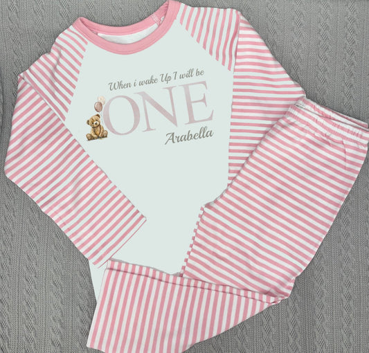 When I Wake Up Personalised pink stripe Birthday Pyjamas Pjs