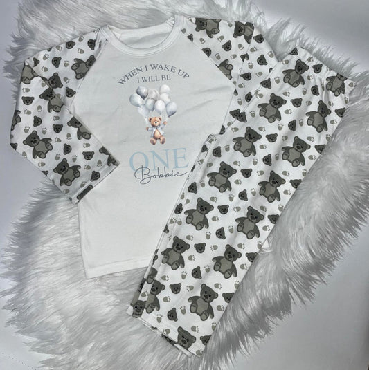 When I Wake Up Personalised teddy print Birthday Pyjamas Pjs grey teddy